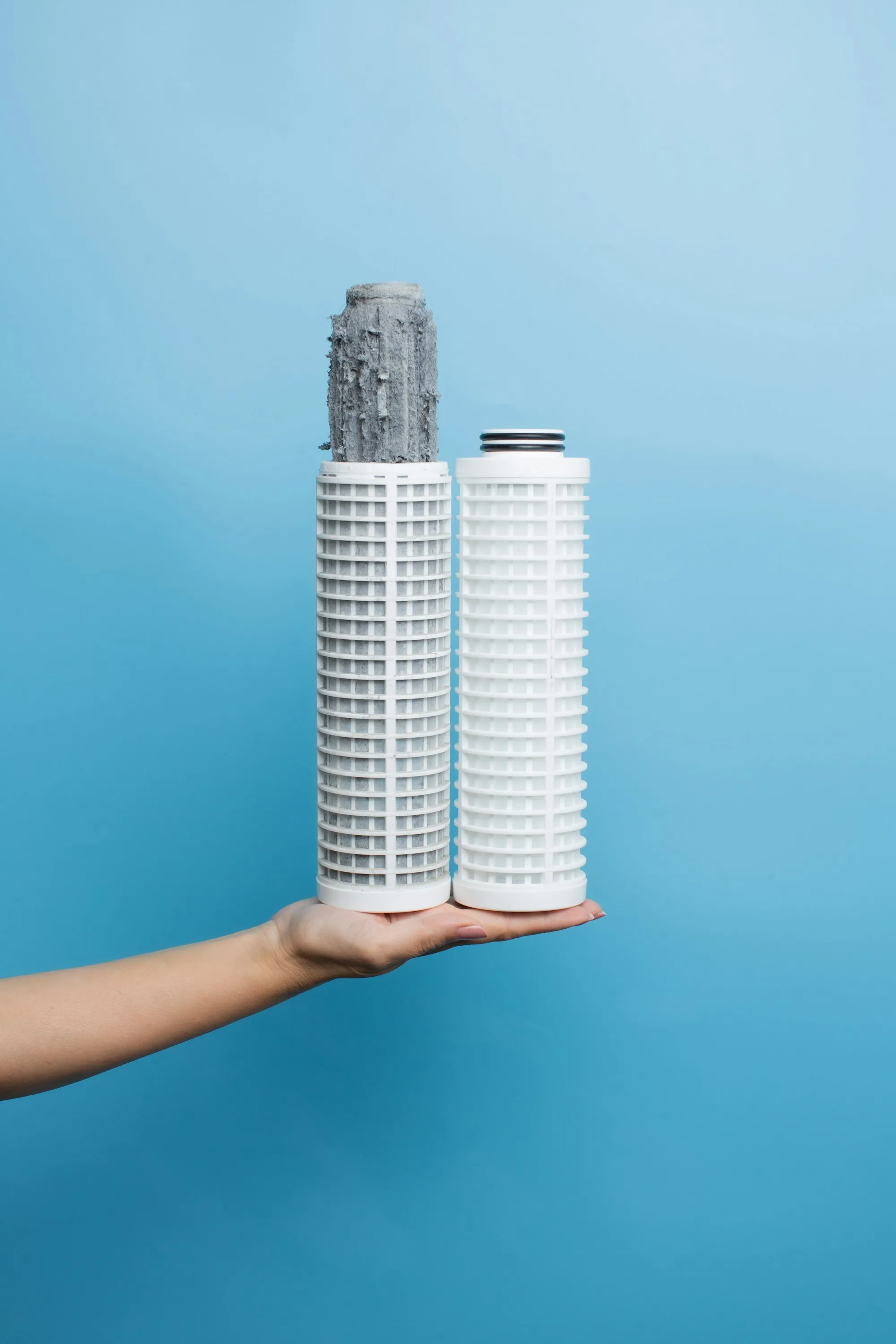 Carbon filtration systems in Aliso Viejo Hand holding two water filter cartridges